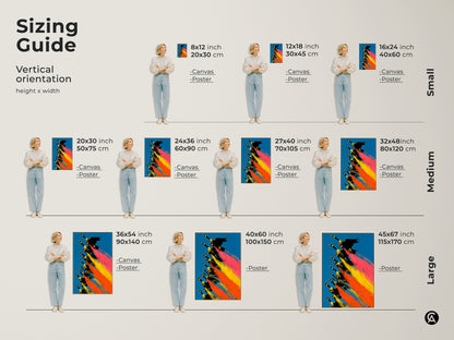 Sizing guide for geese flying canvas art. Vertical artwork is displayed in small medium and large sizes. See how this blue orange yellow art fits your space. Available as canvas or poster choose the perfect size for your home.