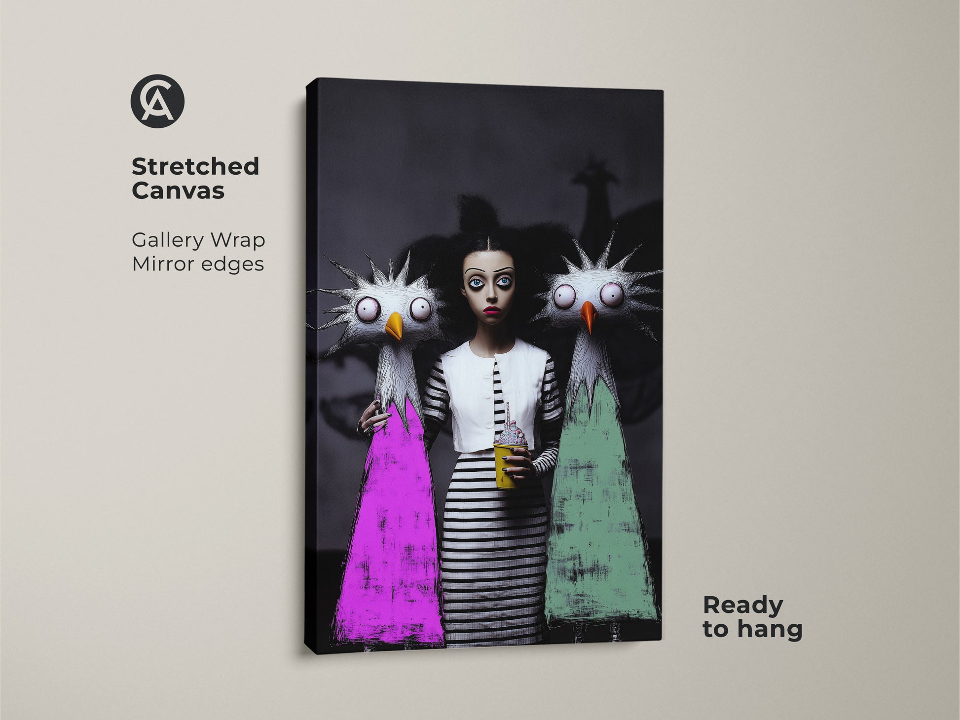 Dark fantasy girl art print on stretched canvas. This surreal monster character art has gallery wrapped mirror edges and is ready to hang. The eclectic pink green and black wall decor makes it a unique gift for art lovers.