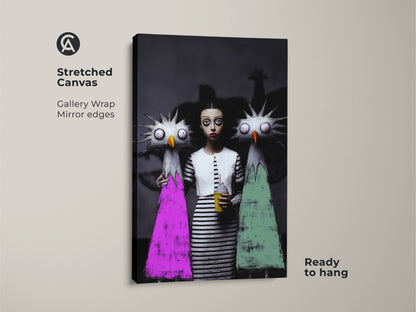 Dark fantasy girl art print on stretched canvas. This surreal monster character art has gallery wrapped mirror edges and is ready to hang. The eclectic pink green and black wall decor makes it a unique gift for art lovers.