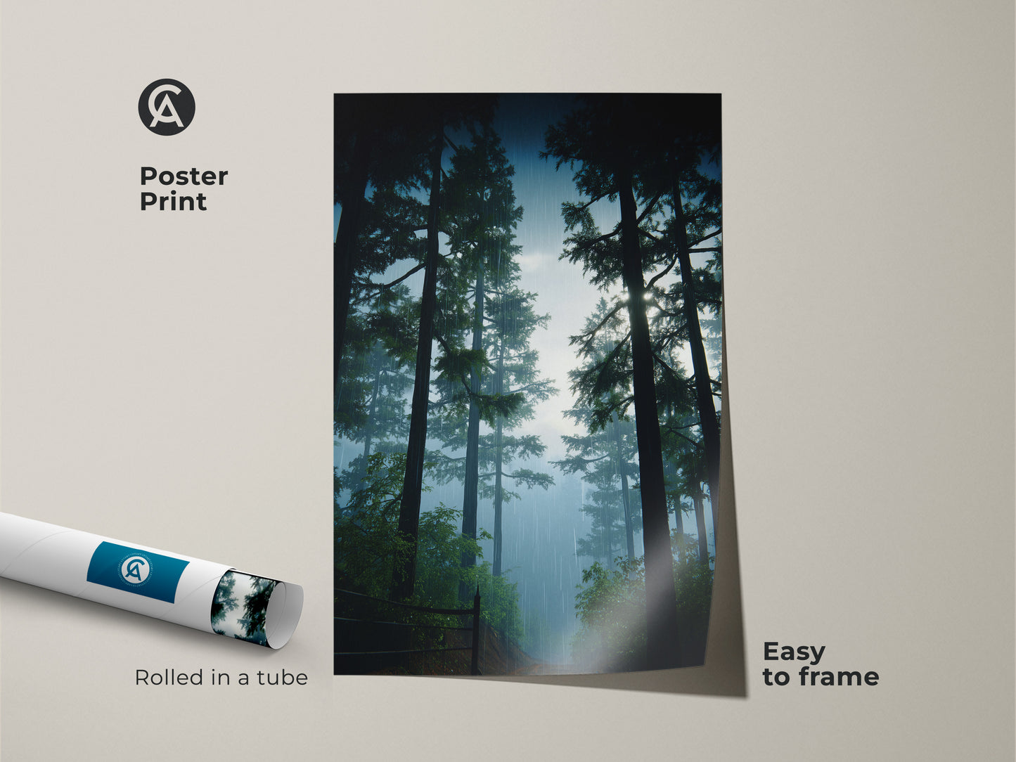 Poster print featuring tall pine trees in a misty forest. The deep green landscape brings nature indoors. Easy to frame and a perfect wall decor for nature enthusiasts.