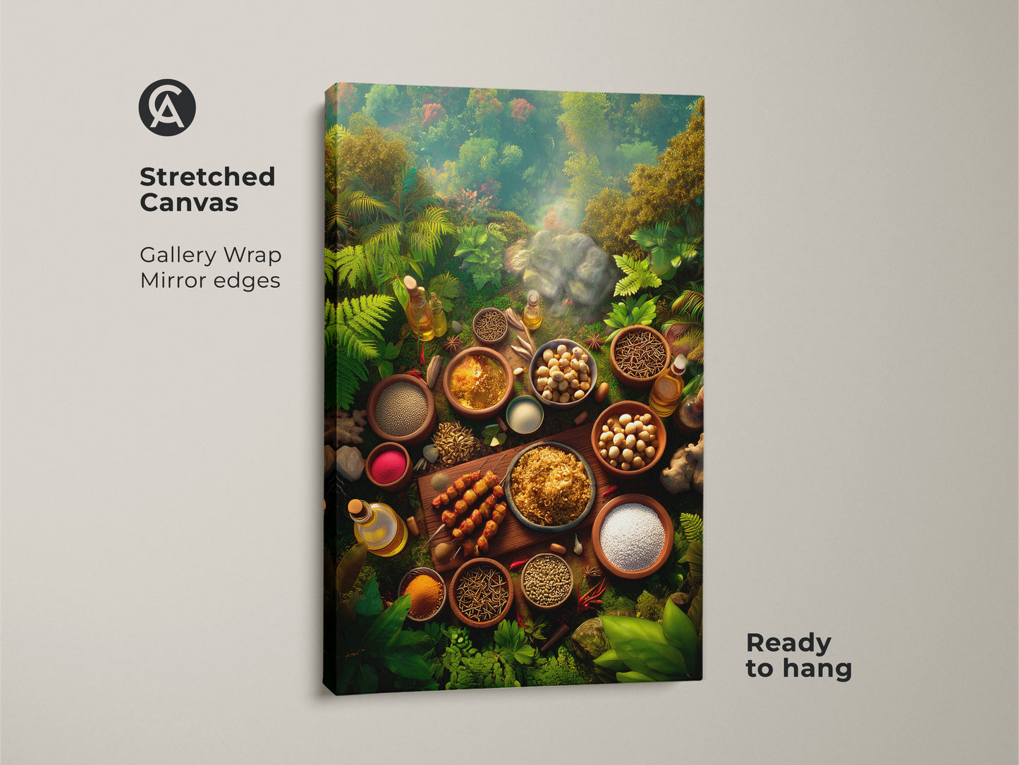 A stretched canvas showcases a vibrant gallery-wrapped artwork. It features spices and ingredients set against a lush jungle backdrop. The mirror edges enhance the immersive quality of this culinary-themed art. Ready to hang this piece brings a touch of nature and spice to any room. A perfect addition to your wall decor collection.