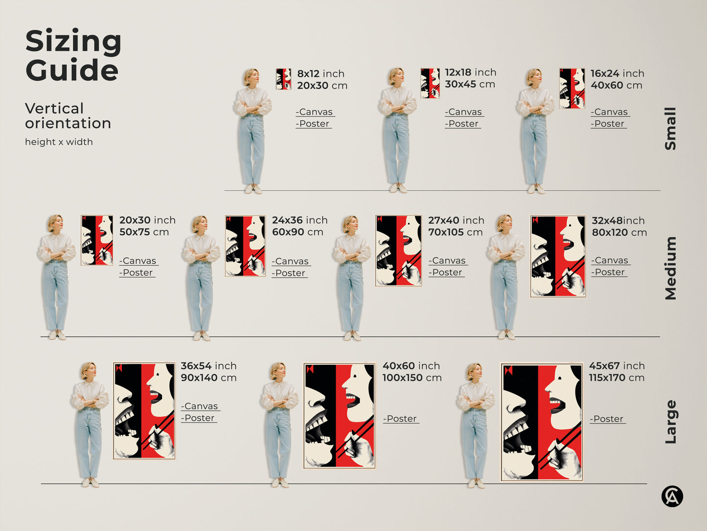 Sizing guide displays vertical kitchen wall art. See how the abstract mouth and chopsticks artwork fits. Visualize poster and canvas options. From small 8x12 to large 45x67 inch art. Perfect for any space and size.