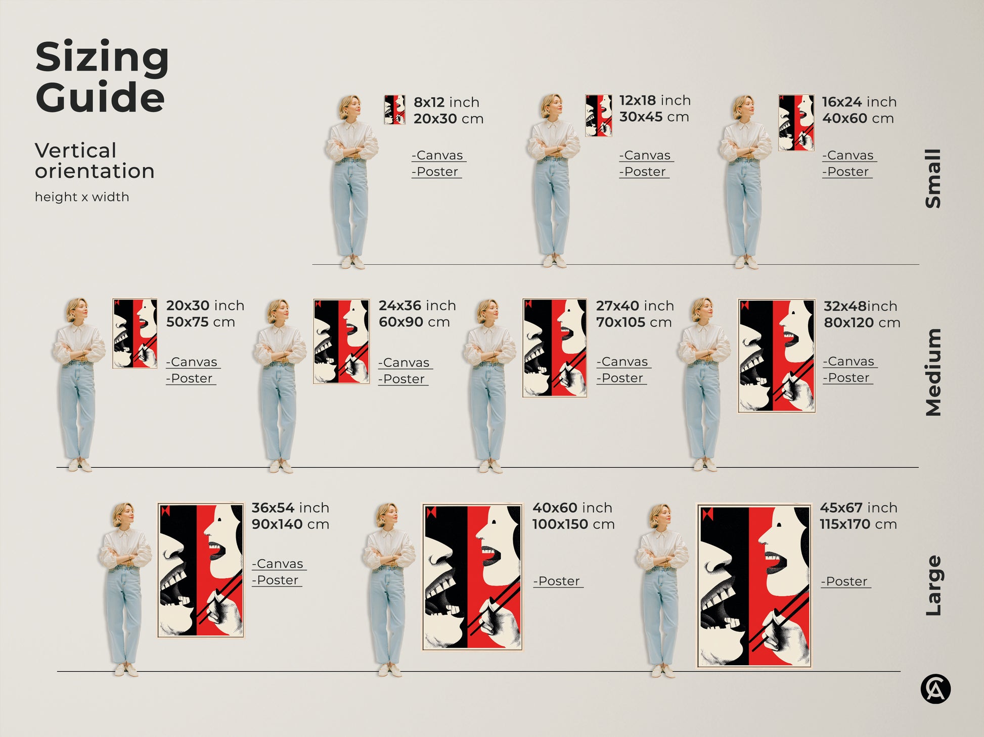 Sizing guide displays vertical kitchen wall art. See how the abstract mouth and chopsticks artwork fits. Visualize poster and canvas options. From small 8x12 to large 45x67 inch art. Perfect for any space and size.
