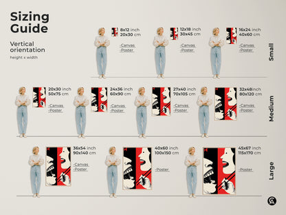 Sizing guide displays vertical kitchen wall art. See how the abstract mouth and chopsticks artwork fits. Visualize poster and canvas options. From small 8x12 to large 45x67 inch art. Perfect for any space and size.