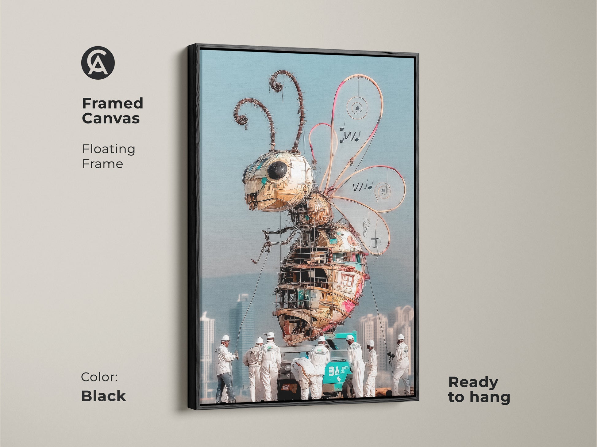 Framed canvas of steampunk bee artwork in a black floating frame. This metal bee home decor is ready to hang. The industrial insect artwork stands out in any room. It adds a unique touch of steampunk. A great piece of modern industrial decor as metal robot insect.