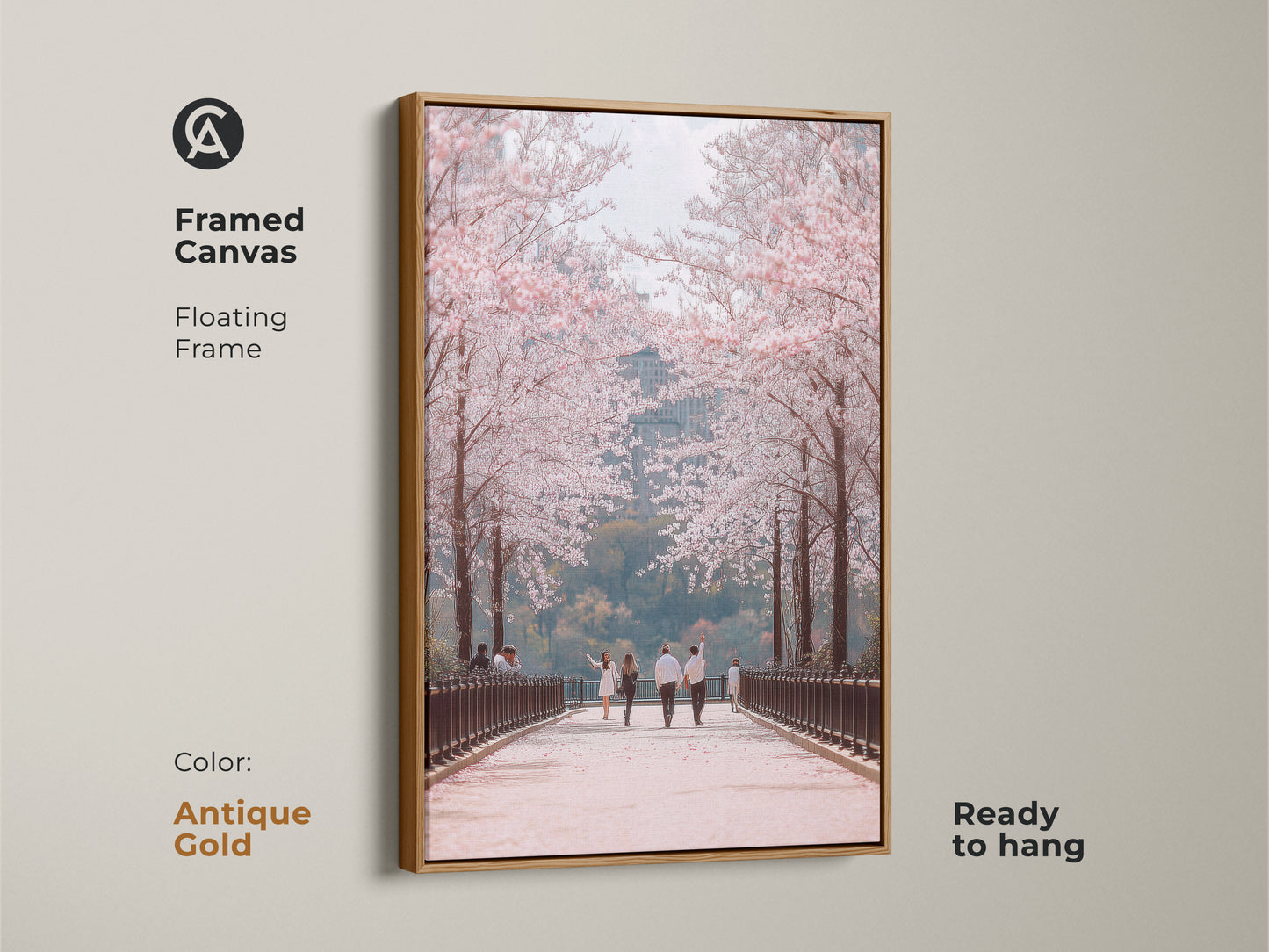Enhance your space with this framed canvas art. An antique gold floating frame highlights a couple walking under cherry blossoms. This contemporary nature art adds elegance to any room. Ready to hang this romantic spring scene brings seasonal beauty to your home.