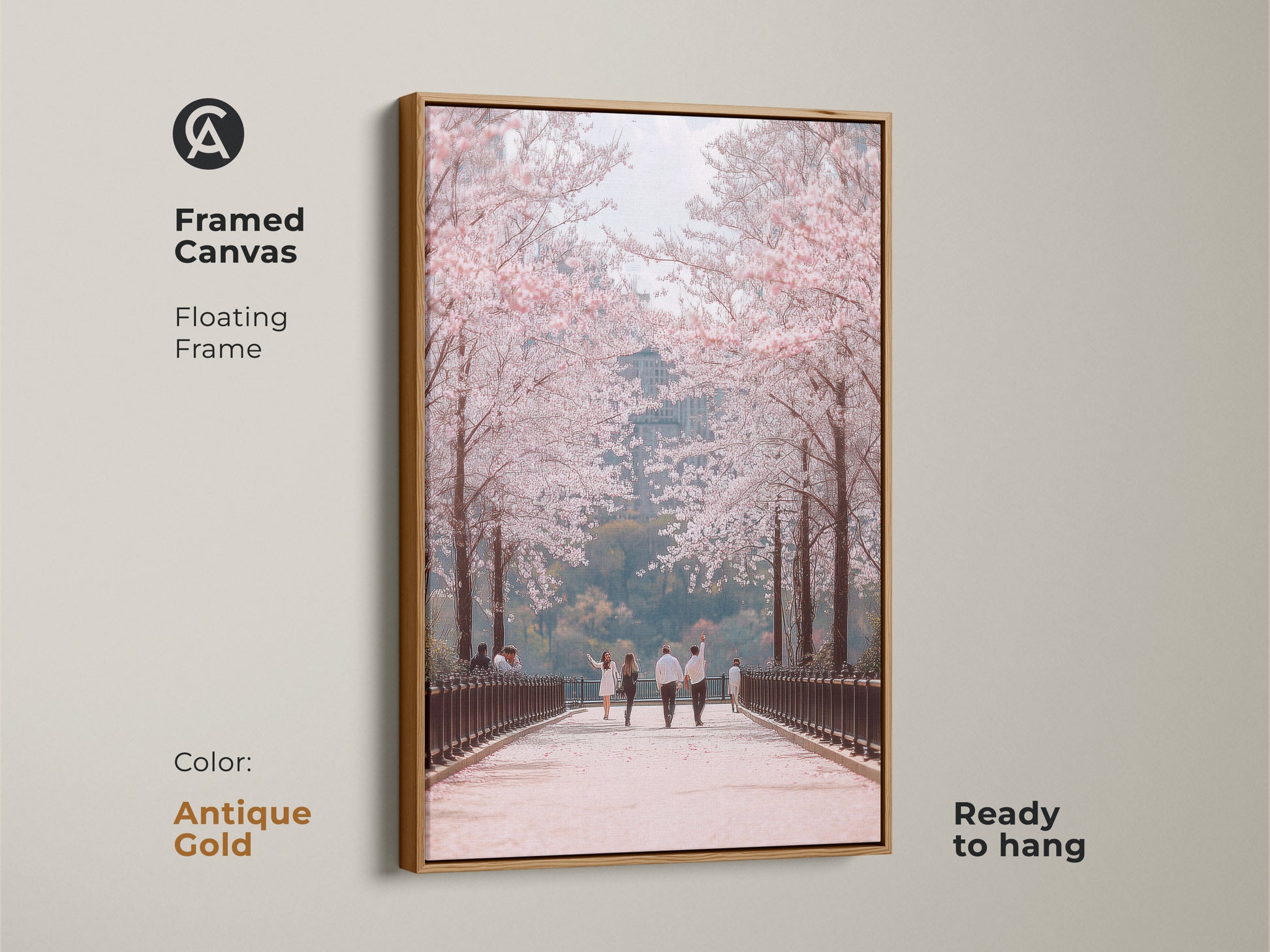 Enhance your space with this framed canvas art. An antique gold floating frame highlights a couple walking under cherry blossoms. This contemporary nature art adds elegance to any room. Ready to hang this romantic spring scene brings seasonal beauty to your home.