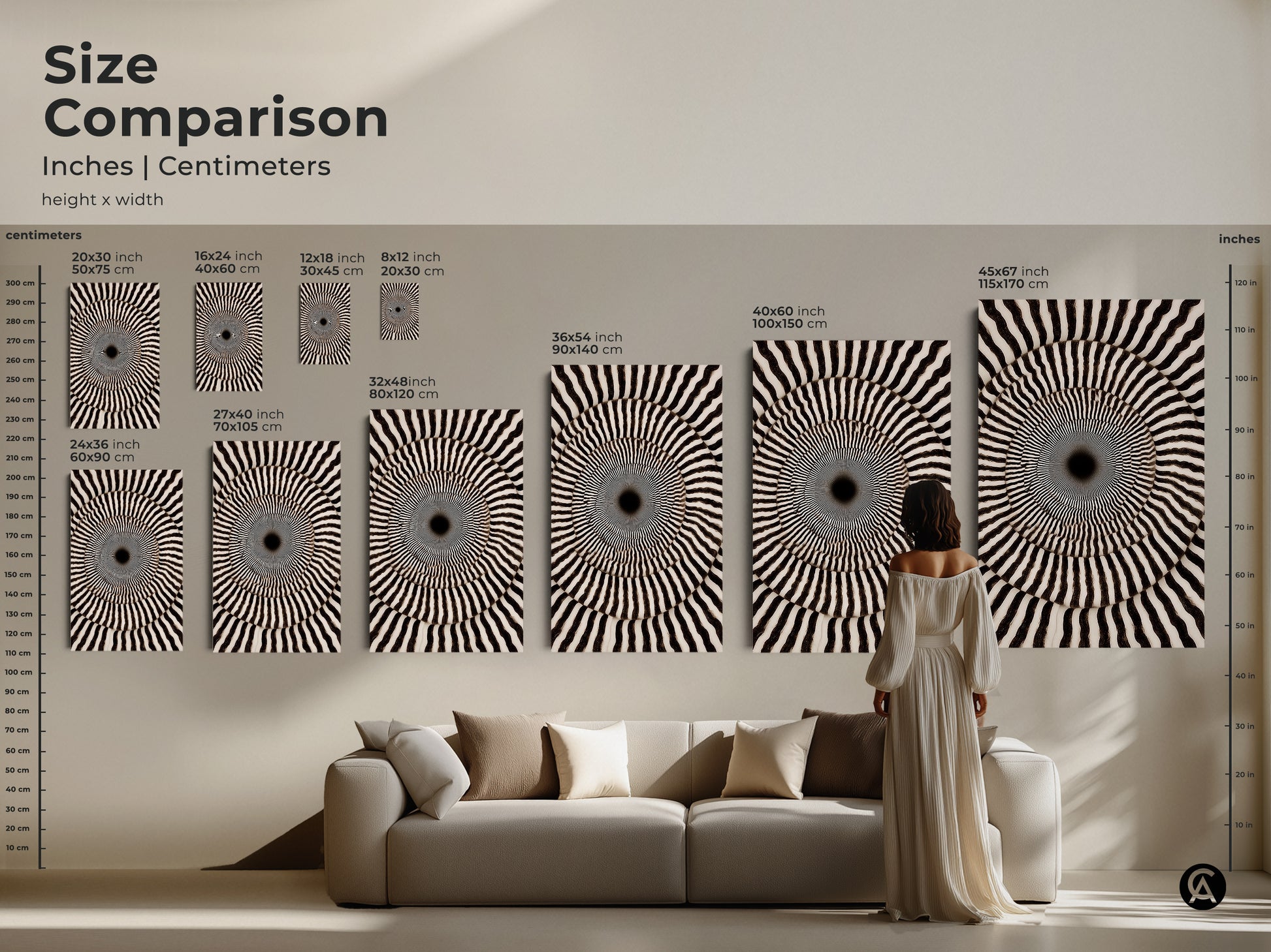 Size Comparison for Abstract Geometric Art. Inches and Centimeters are displayed. The black and white canvas print features Op Art concentric circles. See how each size fits in a living space. Find the perfect scale for your modern home decor.