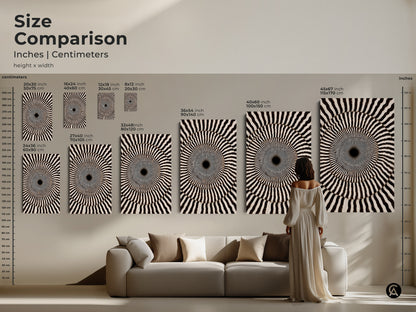 Size Comparison for Abstract Geometric Art. Inches and Centimeters are displayed. The black and white canvas print features Op Art concentric circles. See how each size fits in a living space. Find the perfect scale for your modern home decor.