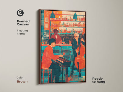 Brown framed canvas featuring a floating frame displaying a jazz bar artwork. This retro jazz art print features a pianist and double bass player. The orange and teal hues create a colorful vibrant atmosphere. This eclectic music wall art is ready to hang adding a sophisticated touch to any space.