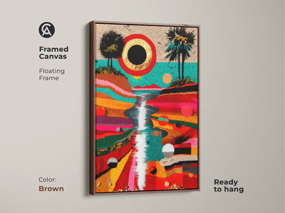 Framed canvas displays a crimson gold teal landscape artwork. This brown floating frame enhances the mid-century modern art decor. Ready to hang this artwork adds a touch of elegance to your bedroom wall art canvas collection.