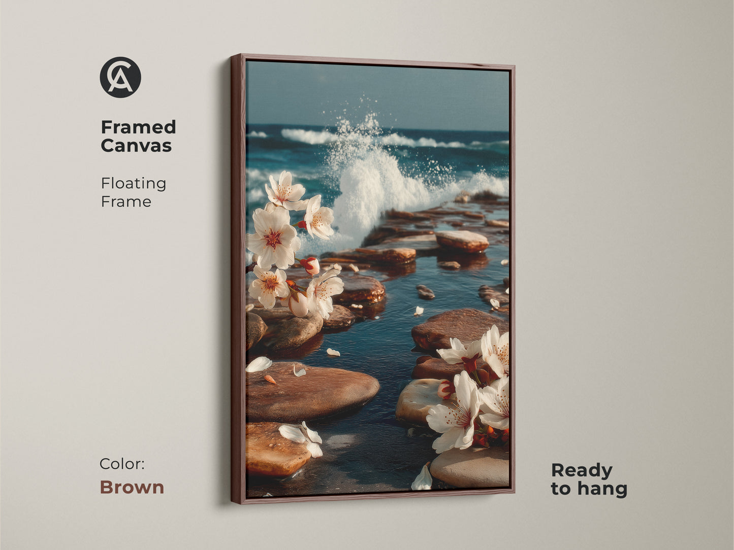Brown framed canvas art featuring ocean waves and cherry blossoms. A floating frame adds elegance to this coastal artwork. Ready to hang and brings a calming presence to your home. Great as a gift for nature enthusiasts