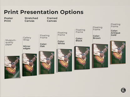 Explore print presentation options for vintage guitarist art. See the poster print stretched canvas and framed canvas. Choose from black brown oak antique gold and white frames. Find the perfect style for your space.