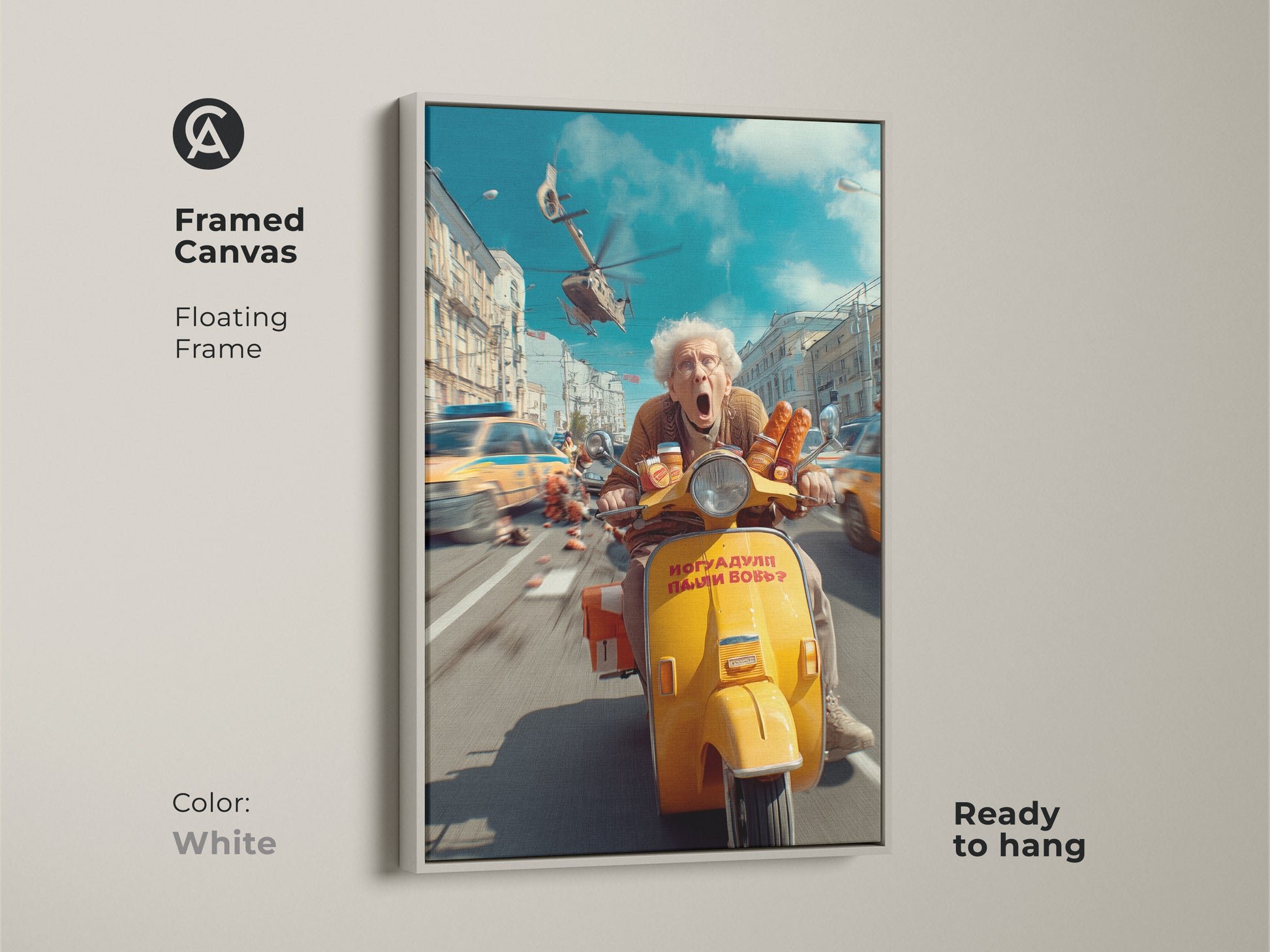 A white framed canvas shows a surreal scene of an elderly woman on a scooter. Ready to hang this artwork adds a humorous and eclectic touch to any room. The blue and yellow colors create a unique atmosphere.