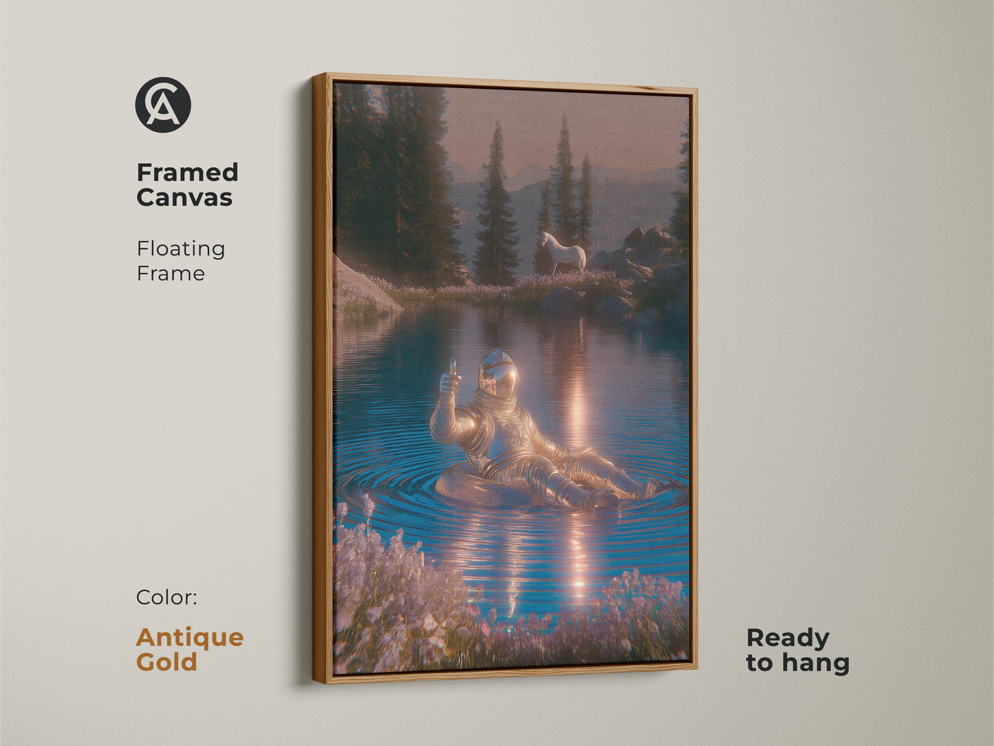 Framed canvas of an astronaut in a lake surreal artwork. The horse nature landscape wall decor has a white frame. This Sci-Fi canvas art features blue silver and pink. Add a touch of cosmic wonder to your home with this unique wall hanging.