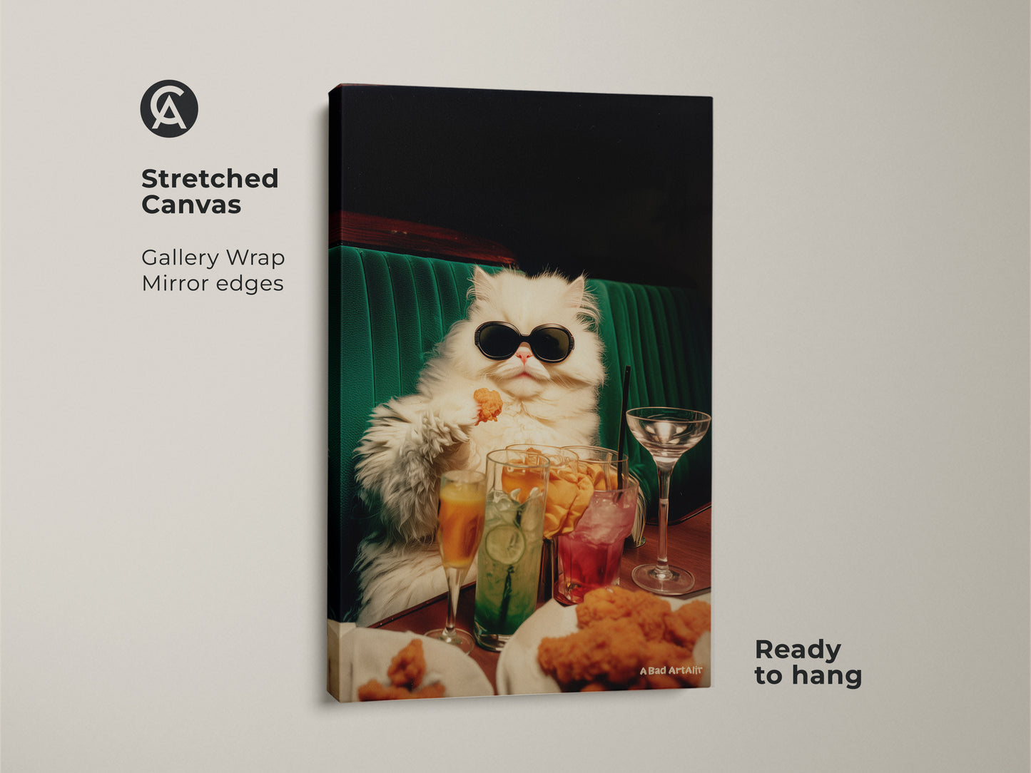 Stretched canvas artwork of a persian cat with sunglasses. The fun cat is seated at a table. The table features drinks and chicken nuggets. This gallery wrapped art is ready to hang. It will enhance any room.