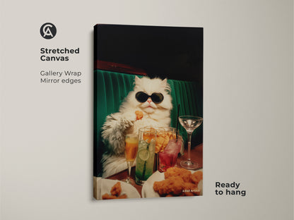 Stretched canvas artwork of a persian cat with sunglasses. The fun cat is seated at a table. The table features drinks and chicken nuggets. This gallery wrapped art is ready to hang. It will enhance any room.