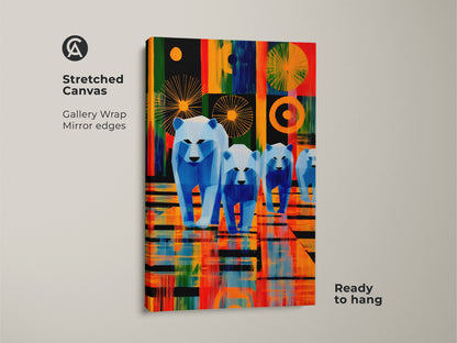 Stretched canvas art of a geometric polar bear family. This contemporary piece features teal orange and blue hues. It's ready to hang with gallery wrapped edges. Perfect abstract animal wall art to enhance modern home decor. A unique housewarming gift.