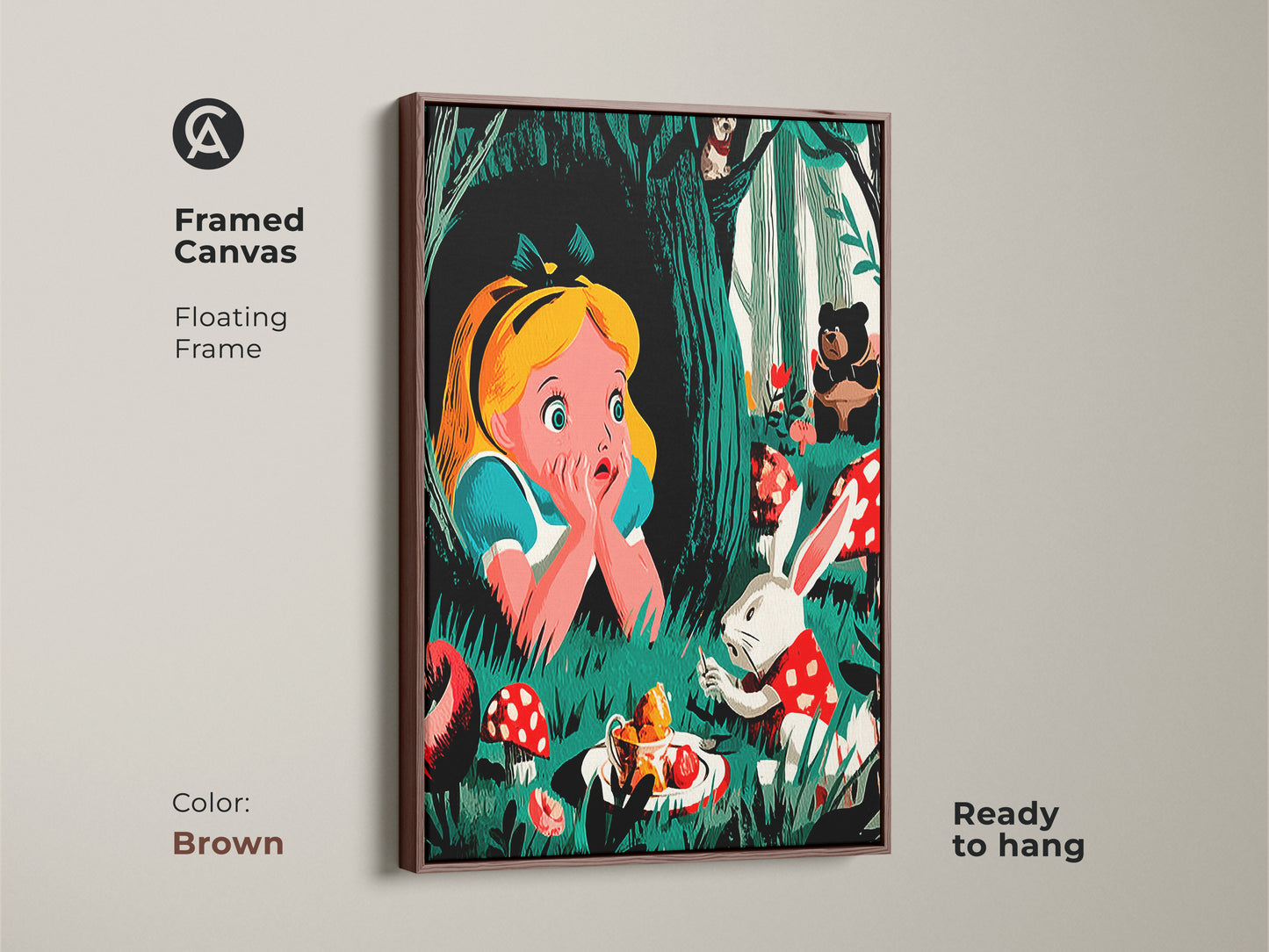 Displayed is a framed canvas of Alice in Wonderland artwork. Alice is joined by the White Rabbit and a bear in the forest. The brown floating frame complements the whimsical animal art. It is perfect as fairytale wall art for a kids room.