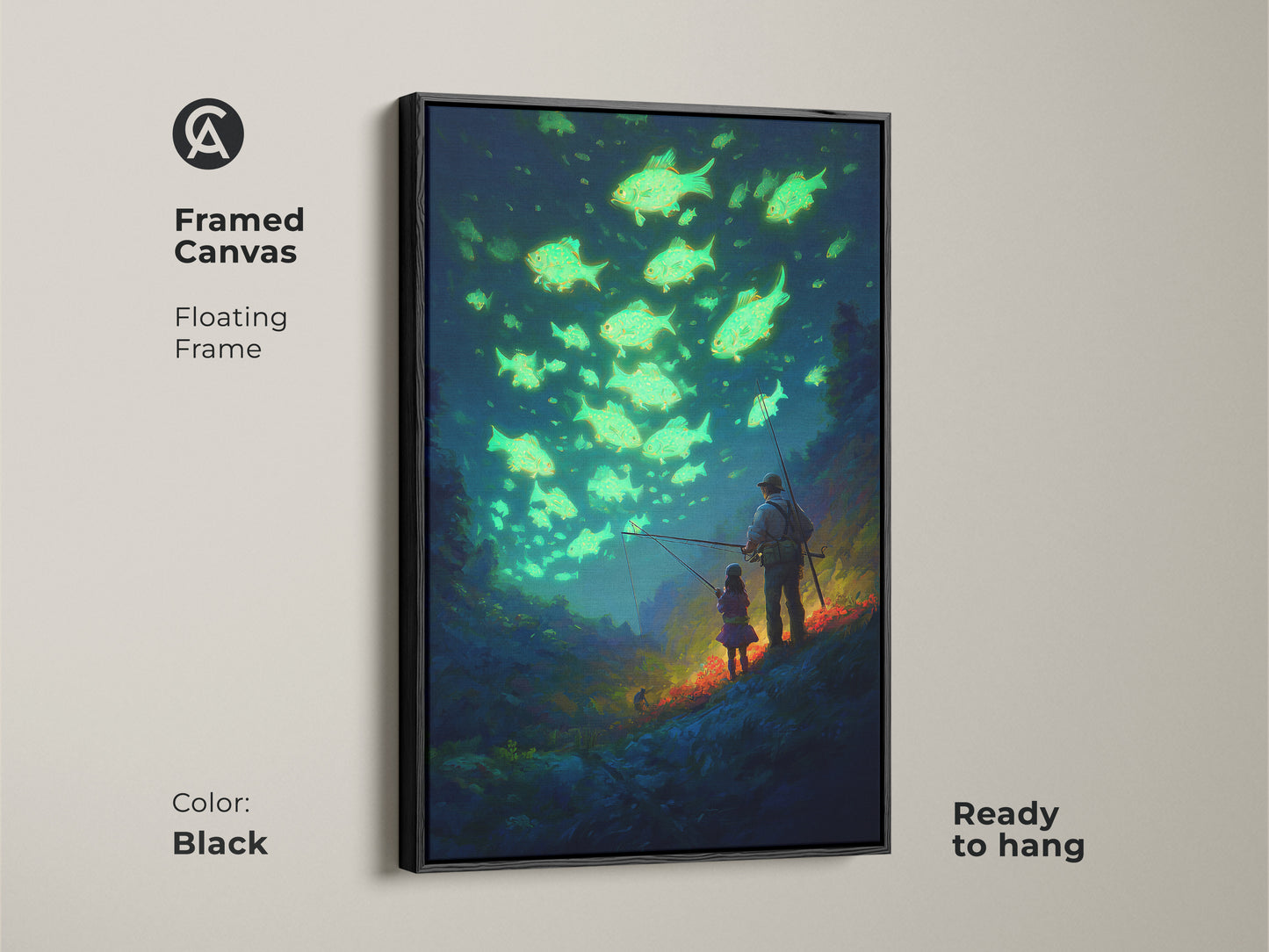 Framed canvas of a deep blue adventure artwork. The father and daughter fishing art is ready to hang with a floating frame. This unique dad daughter gift adds elegance to any room.