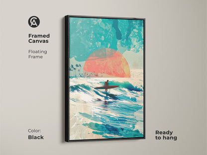 Framed canvas art in a black floating frame. The artwork shows a surfer riding a wave with a sunset background. This ready to hang canvas will add a modern touch to your home decor. The floating frame enhances the surfer artwork.