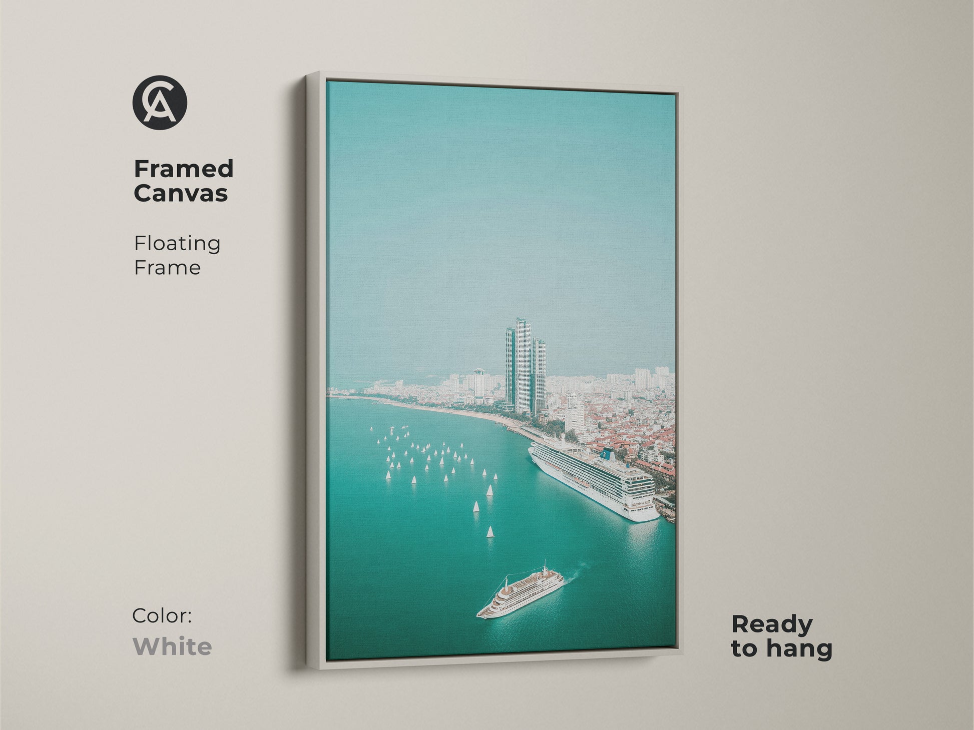 Framed canvas with a white floating frame displays teal ocean cityscape art. An aerial view includes a cruise ship sailboats and city buildings. This contemporary artwork is ready to hang as office cityscape art.