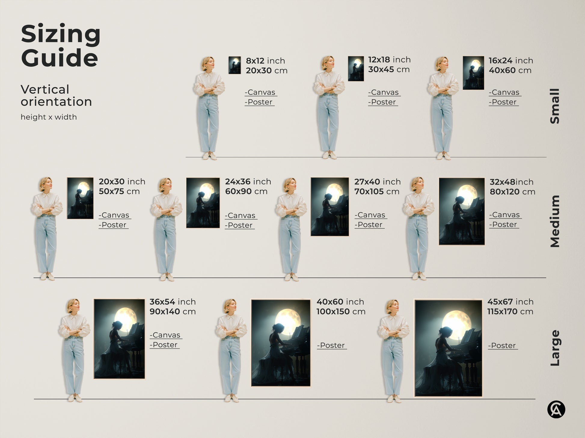 Sizing guide for woman playing grand piano under moonlight artwork. Vertical orientation height x width is shown. Sizes range from small medium to large. The bedroom sanctuary art is perfect as a gift for musicians and music lovers. It's also a great anniversary gift wall art.