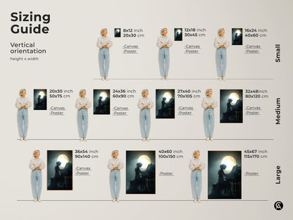 Sizing guide for woman playing grand piano under moonlight artwork. Vertical orientation height x width is shown. Sizes range from small medium to large. The bedroom sanctuary art is perfect as a gift for musicians and music lovers. It's also a great anniversary gift wall art.
