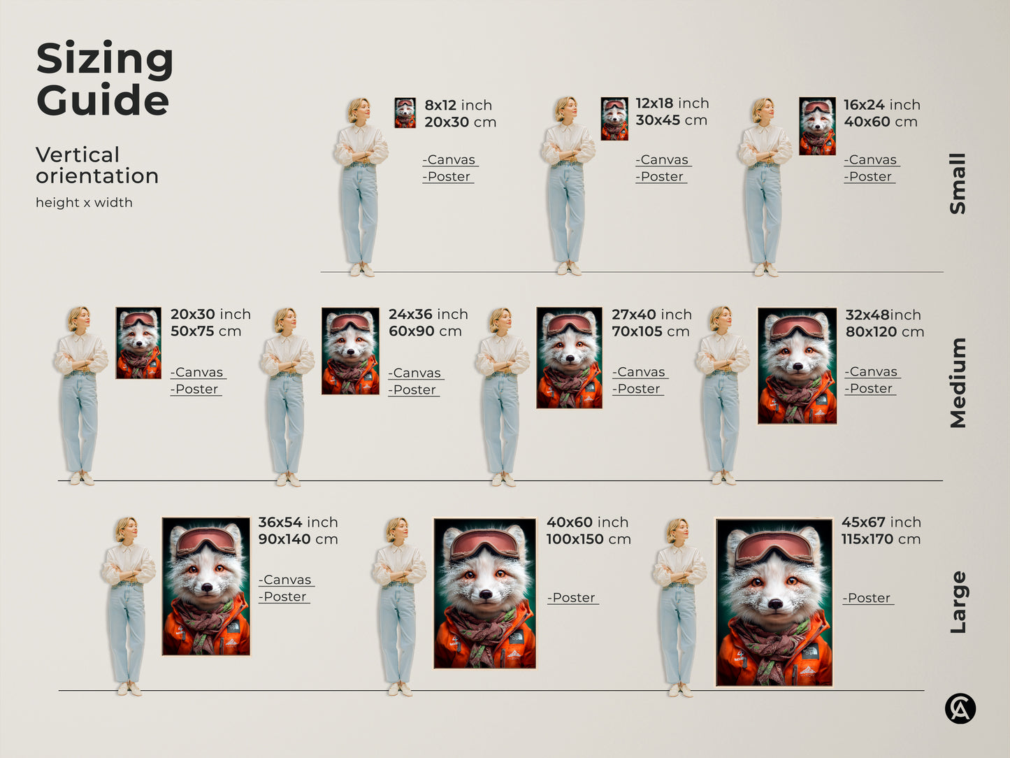 Sizing guide for fox artwork featuring a fox wearing ski goggles art. Available as canvas and poster. Find the perfect vertical orientation and height x width dimensions. Small medium and large sizes are available. Winter wildlife print for eclectic decor and animal enthusiasts.