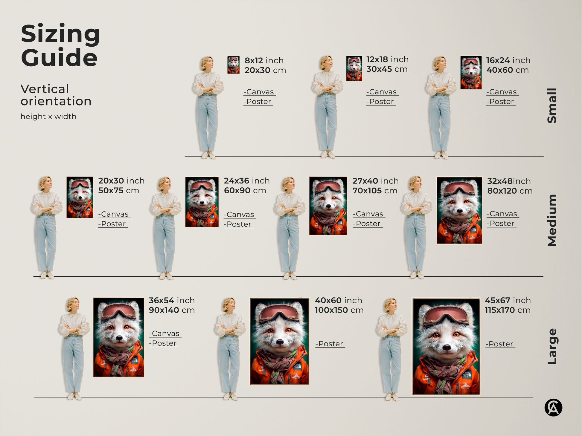 Sizing guide for fox artwork featuring a fox wearing ski goggles art. Available as canvas and poster. Find the perfect vertical orientation and height x width dimensions. Small medium and large sizes are available. Winter wildlife print for eclectic decor and animal enthusiasts.