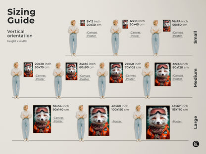 Sizing guide for fox artwork featuring a fox wearing ski goggles art. Available as canvas and poster. Find the perfect vertical orientation and height x width dimensions. Small medium and large sizes are available. Winter wildlife print for eclectic decor and animal enthusiasts.