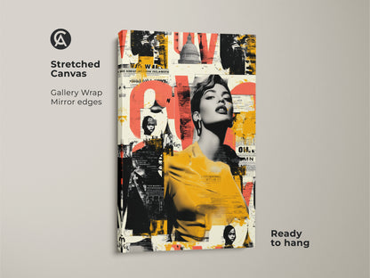 Stretched canvas showcasing a retro woman portrait artwork with vintage fashion collage. This piece offers gallery-wrapped mirror edges and is ready to hang. The coral black yellow canvas art brings an urban style to your home. An ideal eclectic wall decor for vintage fashion lovers.
