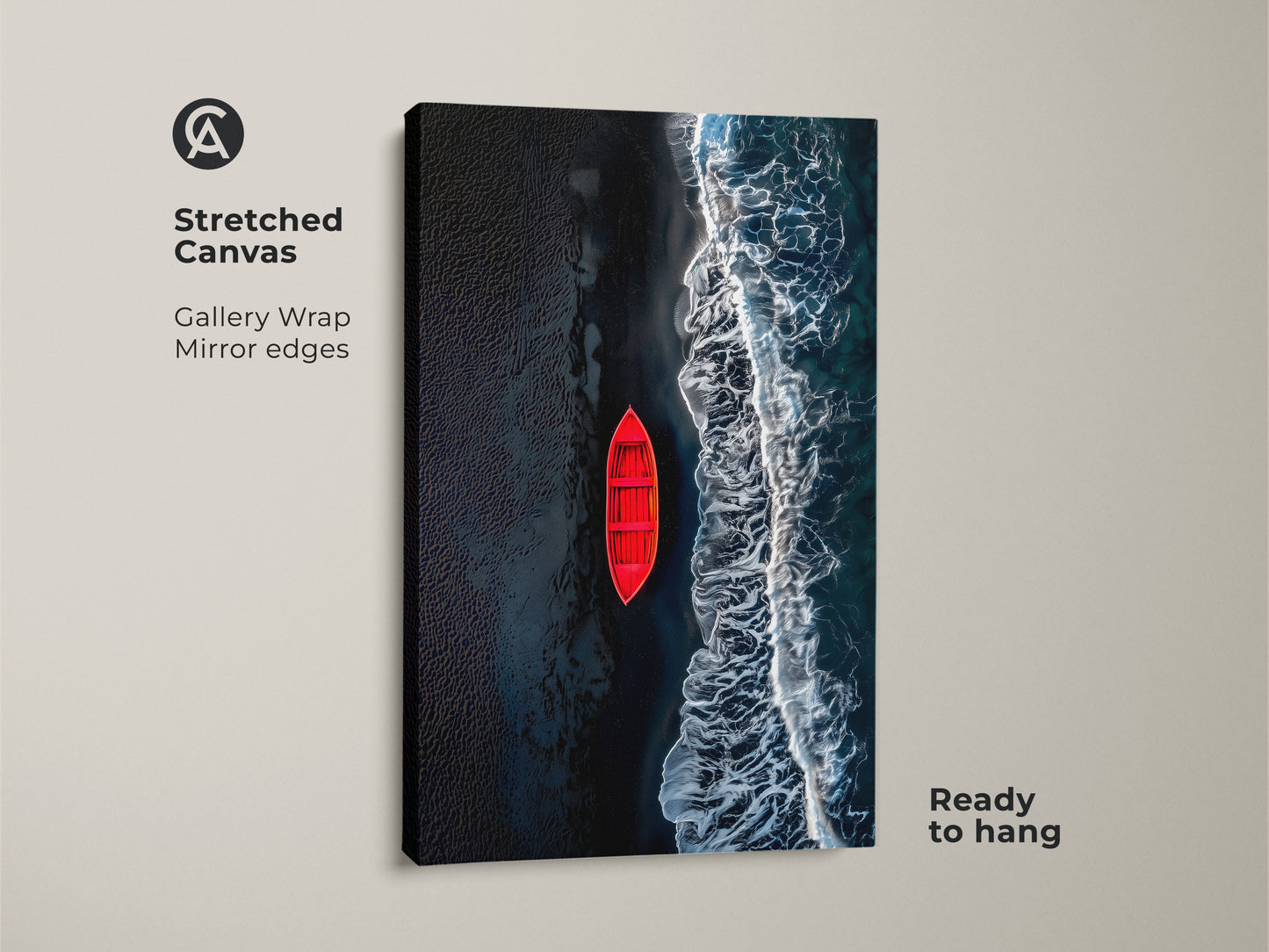 This is a gallery wrapped stretched canvas print of a red boat on a dark beach. The canvas has mirrored edges and comes ready to hang. It is a modern art piece for your home or office space.