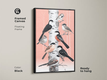 A framed canvas presents Scandinavian folk art of birds on a birch tree. The black floating frame enhances the coral pink and white tones. This ready-to-hang artwork offers nature-inspired decor. This canvas print is a unique housewarming gift for bird watching enthusiasts. Its perfect for bedroom and living room wall art.