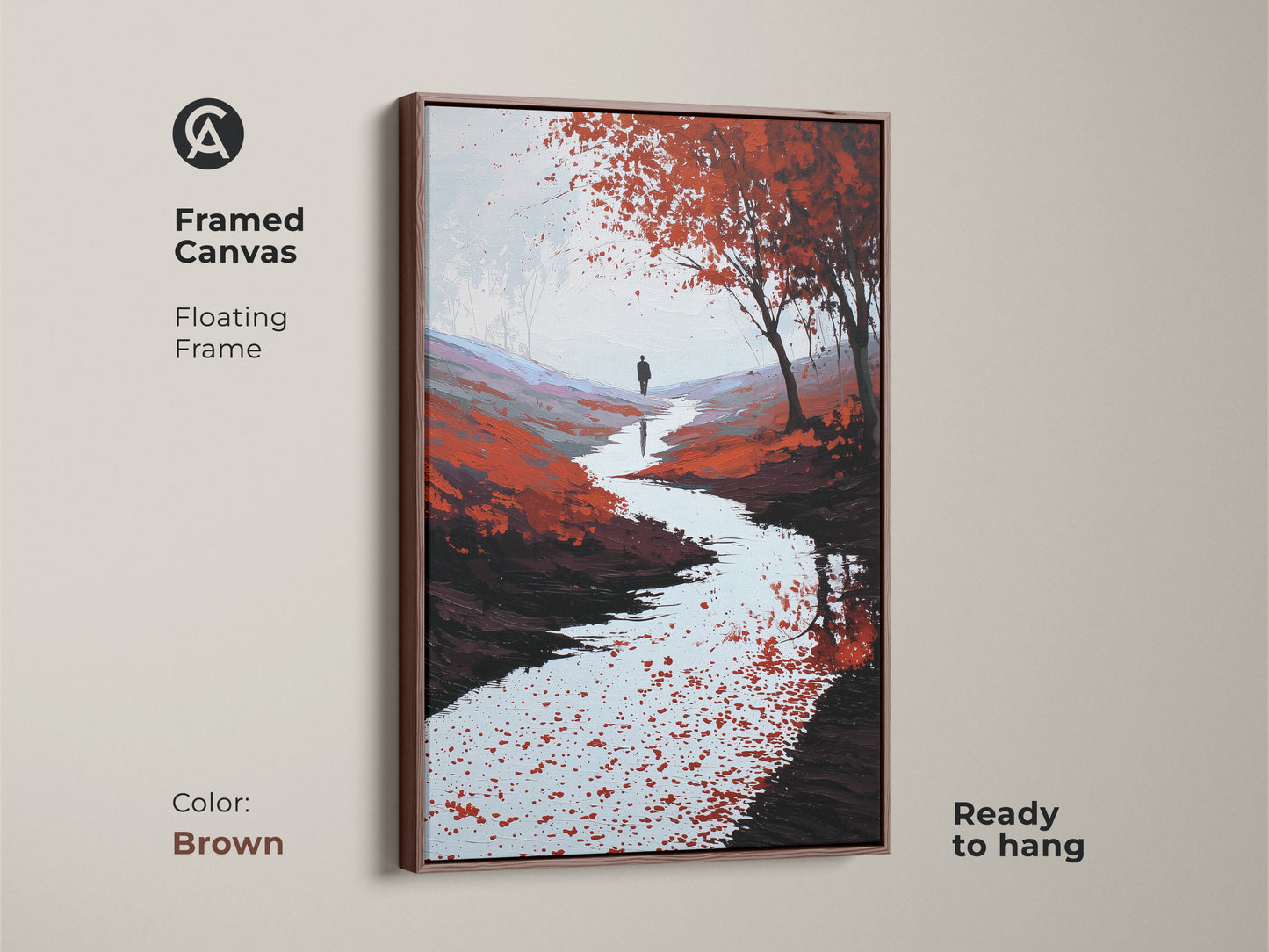 Framed canvas with a floating brown frame. This impressionistic landscape art features a solitary figure. The person walks along a river. It is a unique housewarming gift.