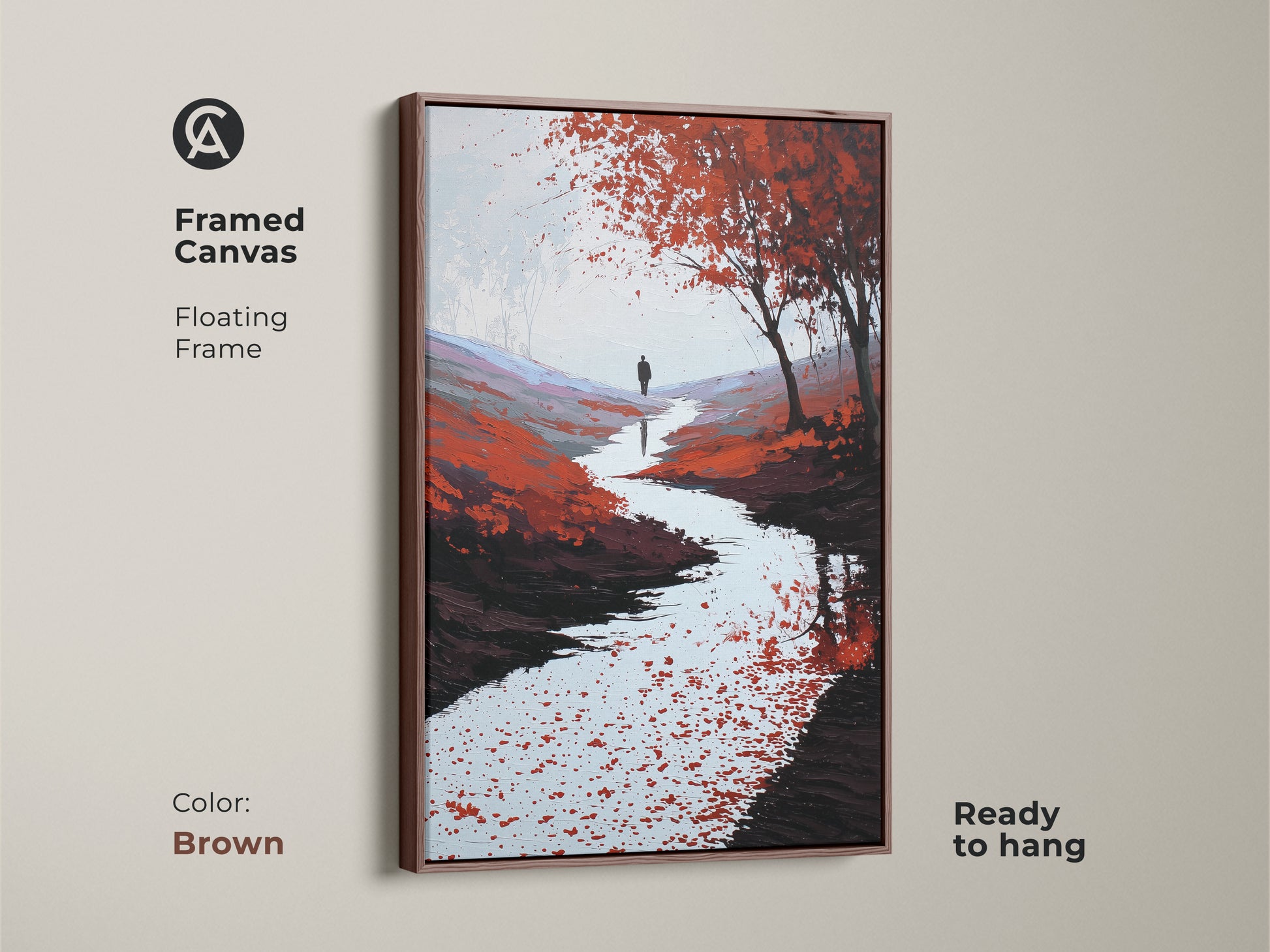 Framed canvas with a floating brown frame. This impressionistic landscape art features a solitary figure. The person walks along a river. It is a unique housewarming gift.