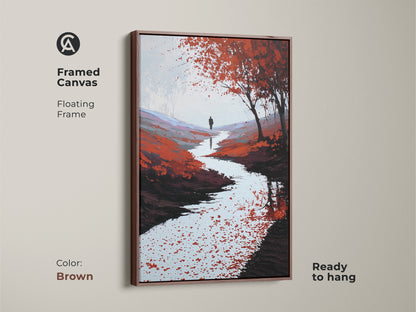 Framed canvas with a floating brown frame. This impressionistic landscape art features a solitary figure. The person walks along a river. It is a unique housewarming gift.