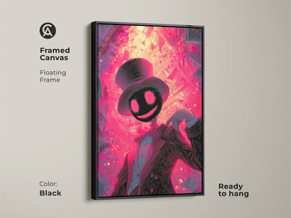 A framed canvas with a black floating frame displays this artwork. The art features a unique character in a suit and top hat. This ready to hang canvas showcases vibrant neon colors and a surreal style.