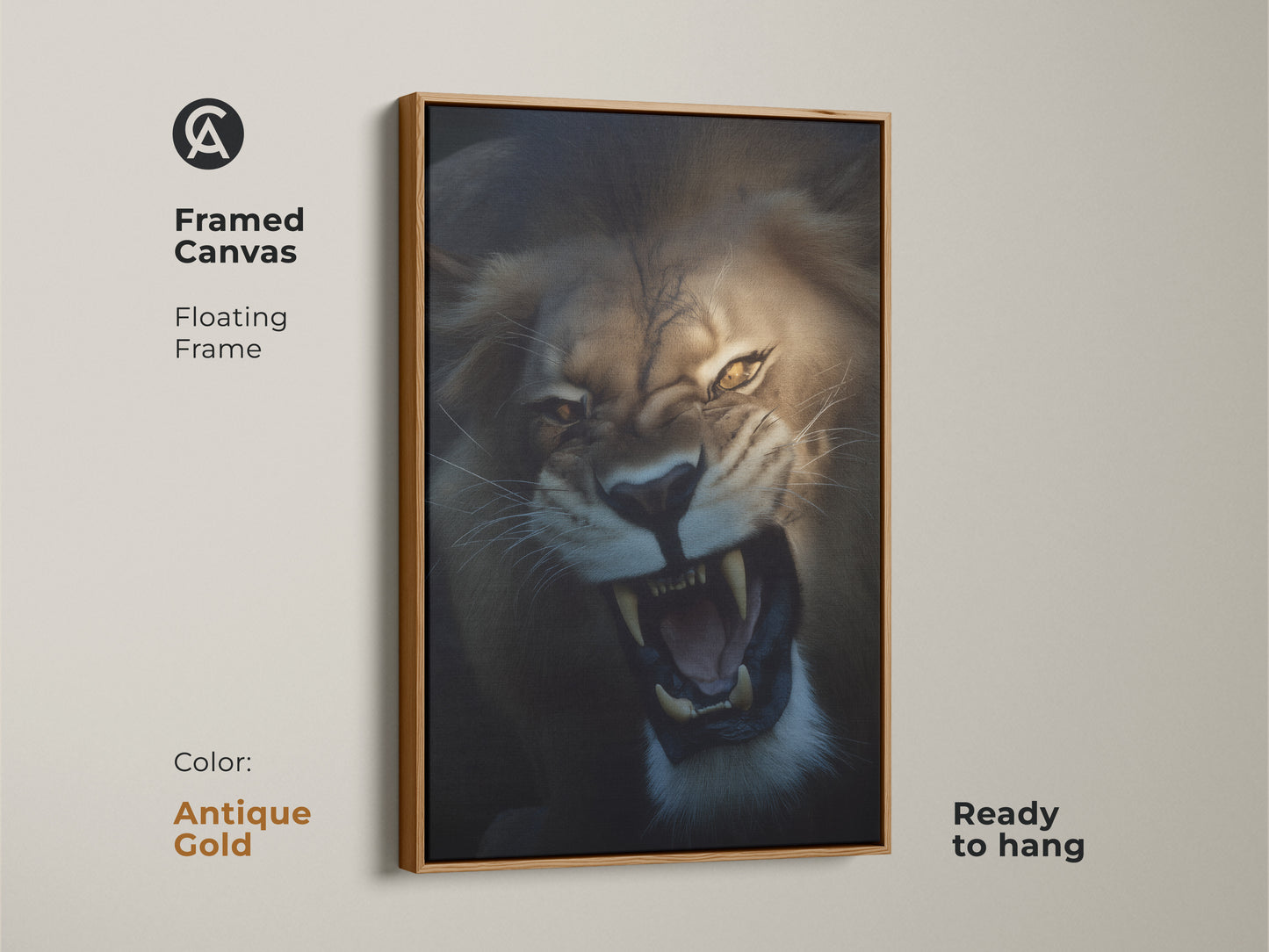 Roaring lion artwork with an antique gold floating frame. The canvas shows the intensity. The golden yellow and brown mane is vivid. This wildlife animal canvas adds elegance to any room and is ready to hang.