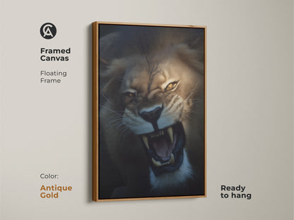 Roaring lion artwork with an antique gold floating frame. The canvas shows the intensity. The golden yellow and brown mane is vivid. This wildlife animal canvas adds elegance to any room and is ready to hang.