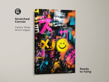 Stretched canvas art showcasing graffiti art. A yellow smiley face stands out on a black backdrop. Gallery wrapped with mirrored edges it's ready to hang. Perfect for modern art lovers.