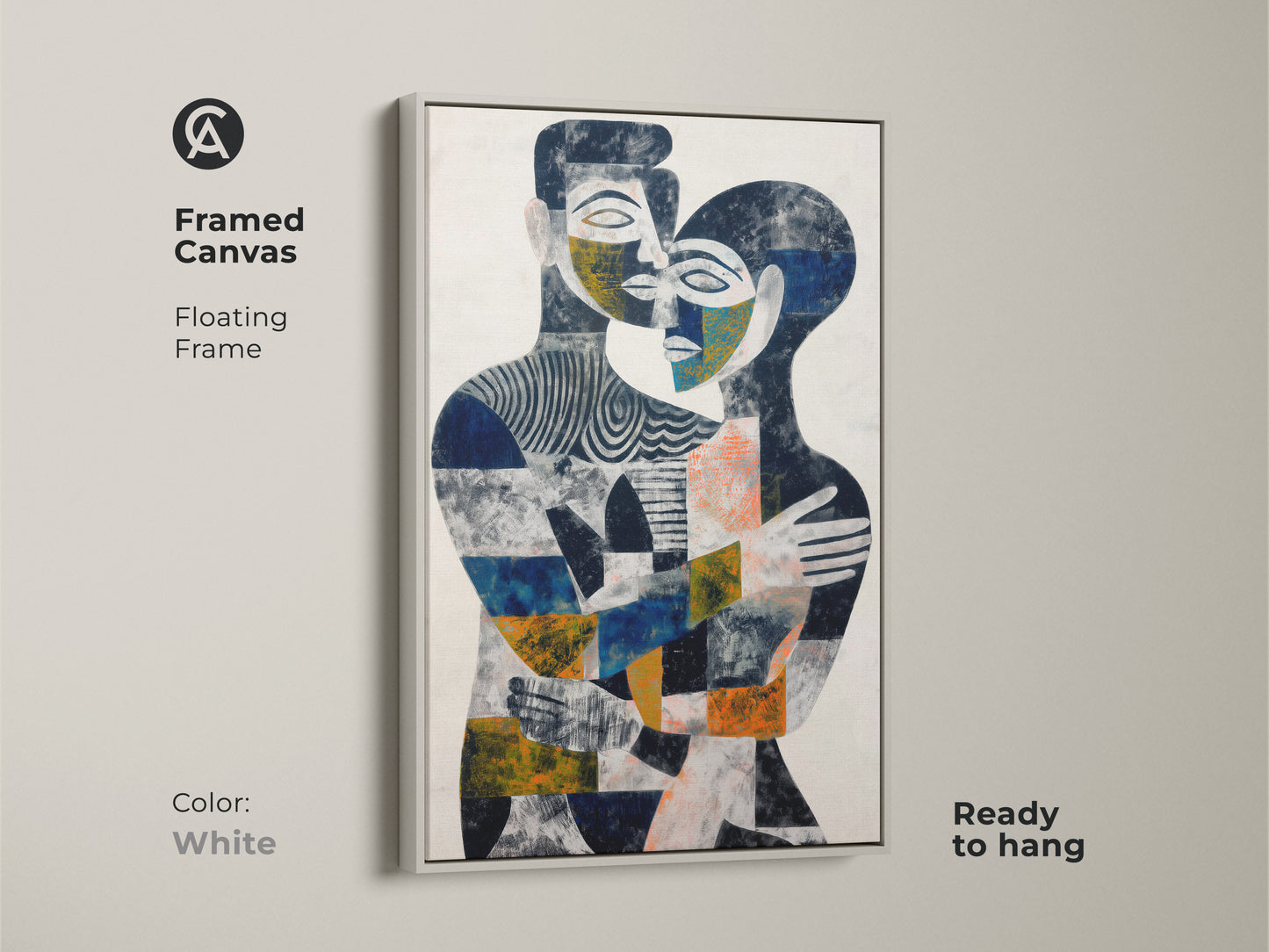 An intimate view of the couple's embrace in abstract form. Geometric shapes and indigo orange hues create visual interest. This figurative artwork makes a special anniversary gift. Perfect for adding an eclectic touch to your home. Modern wall art for any space.