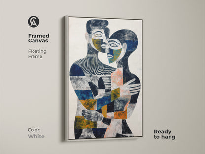 An intimate view of the couple's embrace in abstract form. Geometric shapes and indigo orange hues create visual interest. This figurative artwork makes a special anniversary gift. Perfect for adding an eclectic touch to your home. Modern wall art for any space.