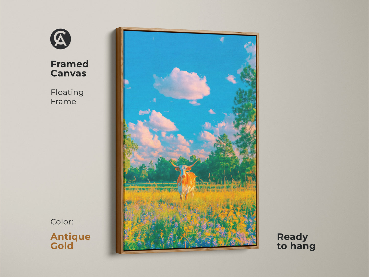 This framed canvas art features a Longhorn cow in a wildflower field. The antique gold floating frame adds a touch of vintage charm. Ready to hang this piece enhances any room. Shop framed canvas prints now.