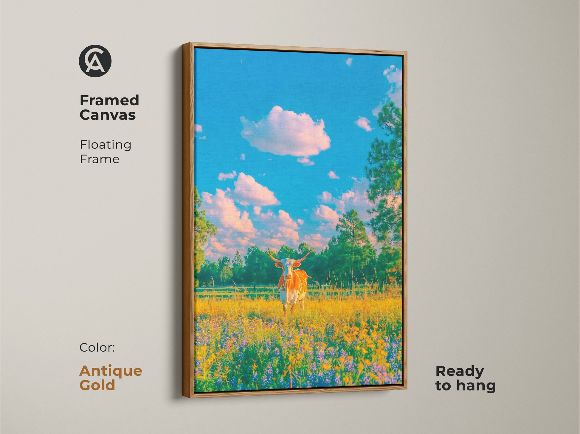 This framed canvas art features a Longhorn cow in a wildflower field. The antique gold floating frame adds a touch of vintage charm. Ready to hang this piece enhances any room. Shop framed canvas prints now.