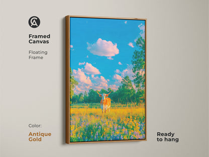 This framed canvas art features a Longhorn cow in a wildflower field. The antique gold floating frame adds a touch of vintage charm. Ready to hang this piece enhances any room. Shop framed canvas prints now.
