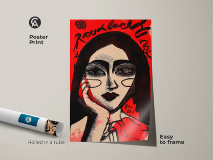 Poster print of a modern portrait painting. The artwork is rolled in a tube for easy framing. Featuring a woman in red and black ink this piece adds a contemporary touch to any space. High-quality art print.