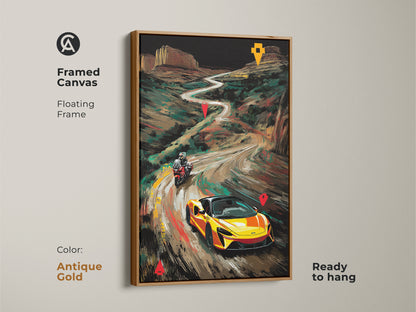 Framed canvas with an antique gold frame showcasing a yellow McLaren and motorcycle. This floating frame accentuates the modern landscape art print. Ready to hang it adds a dynamic touch to any room. Its the perfect wall decor for car enthusiasts and adventure lovers.