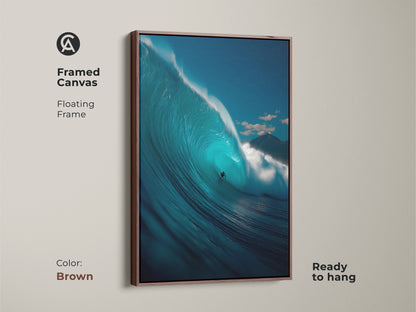 Framed canvas art print of a surfer riding a big wave. This brown floating frame adds warmth to the ocean artwork. The framed canvas arrives ready to hang. Elevate your space with surf art.
