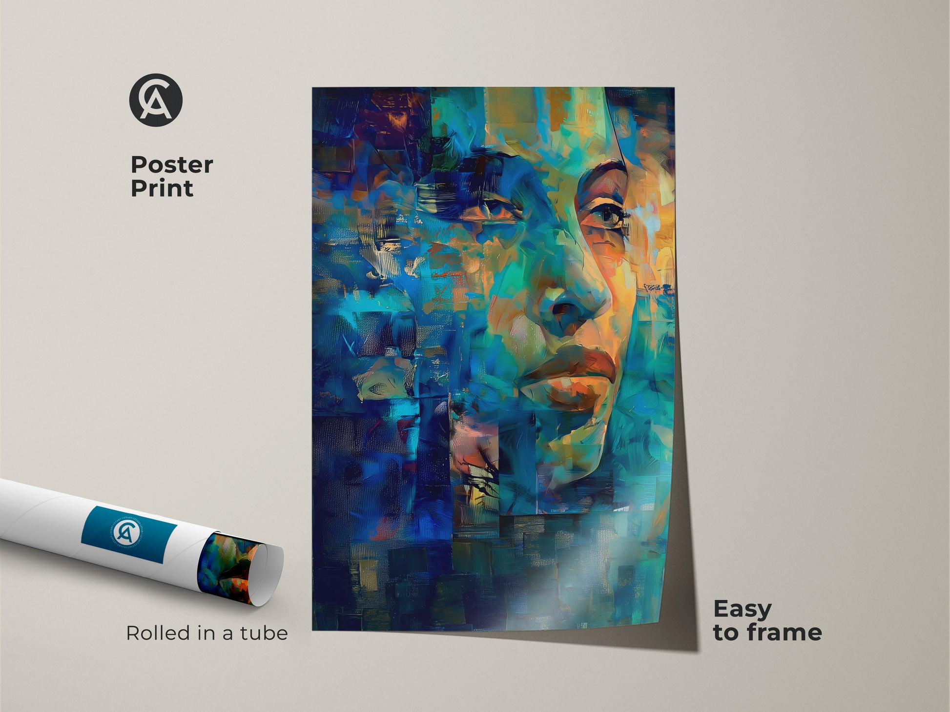 Poster print featuring an abstract woman's face artwork. The print showcases blue teal abstract art. It is rolled in a tube for easy framing. This contemporary figurative canvas serves as a unique gift idea for art lovers seeking expressive artwork.